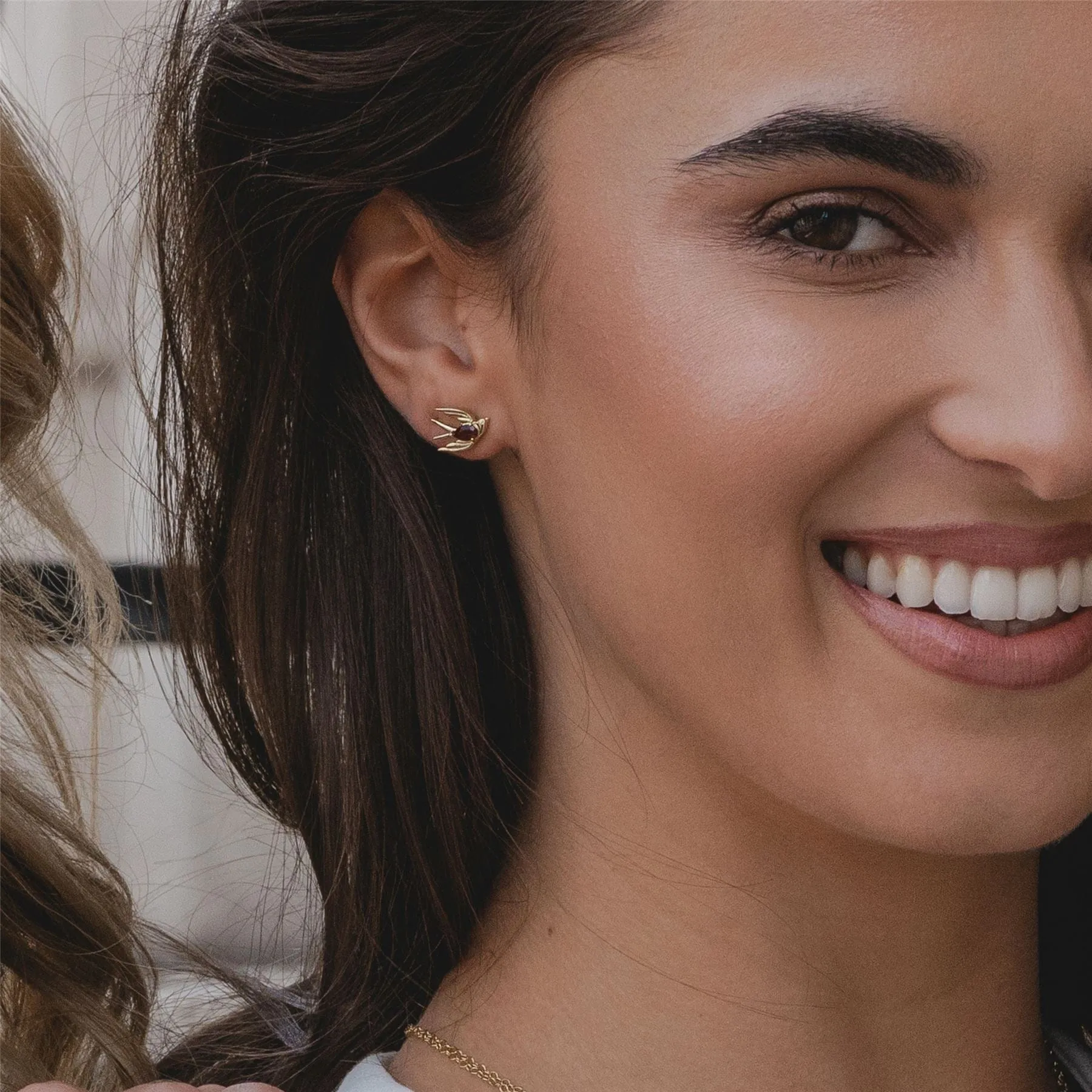 ECFEW™ Creator Garnet Hummingbird Stud Earrings in Gold Plated Sterling Silver sold by Gemondo Jewellery product image thumbnail 2