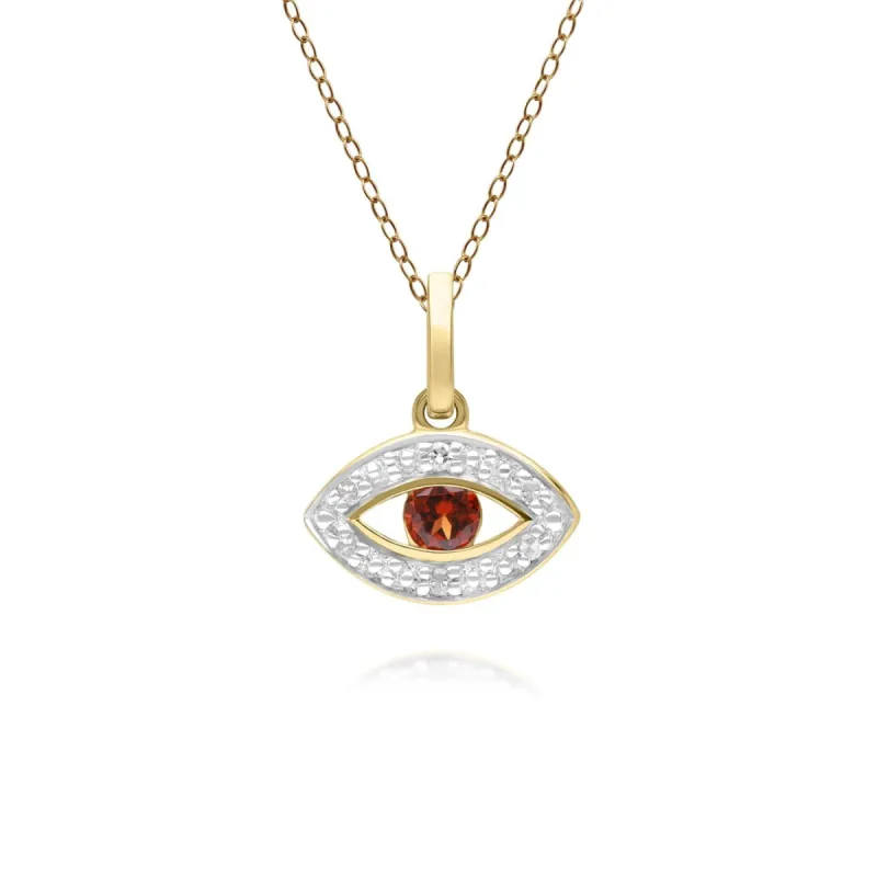 ECFEW™ Dainty Evil Eye Garnet & Diamond Pendant in 9ct Yellow Gold sold by Gemondo Jewellery
