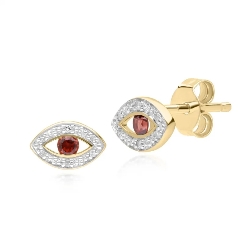 ECFEW™ Dainty Evil Eye Garnet & Diamond Stud Earrings in 9ct Yellow Gold sold by Gemondo Jewellery