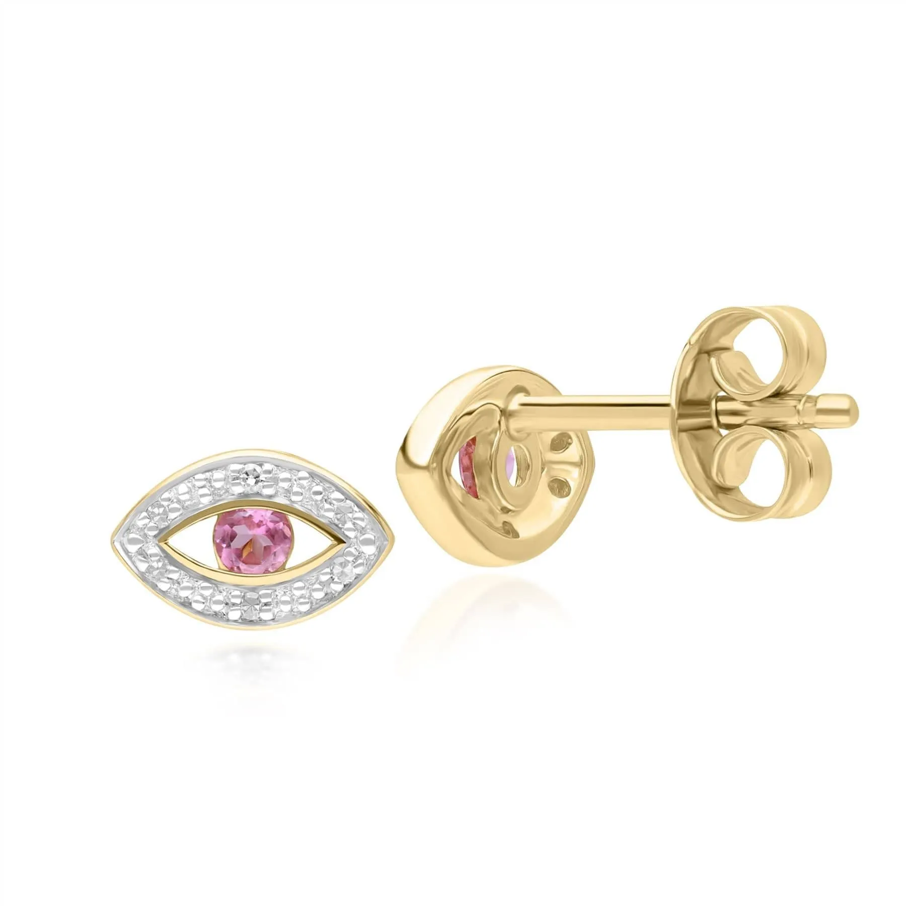 ECFEW™ Dainty Evil Eye Pink Tourmaline & Diamond Stud Earrings in 9ct Yellow Gold sold by Gemondo Jewellery product image thumbnail 3