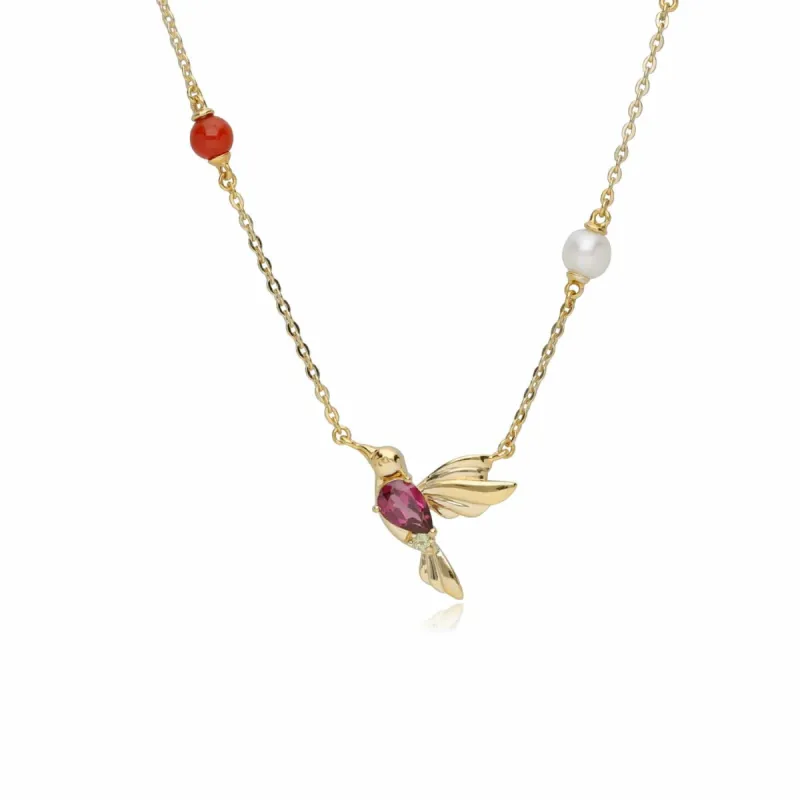 ECFEW™ Creator Rhodolite, Peridot, Malachite & Dyed Carnelian Hummingbird Necklace in Gold Plated Sterling Silver sold by Gemondo Jewellery