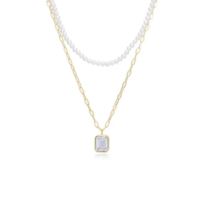 ECFEW™ Unifier White Topaz & Pearl Layered Necklace in Gold Plated Sterling Silver sold by Gemondo Jewellery