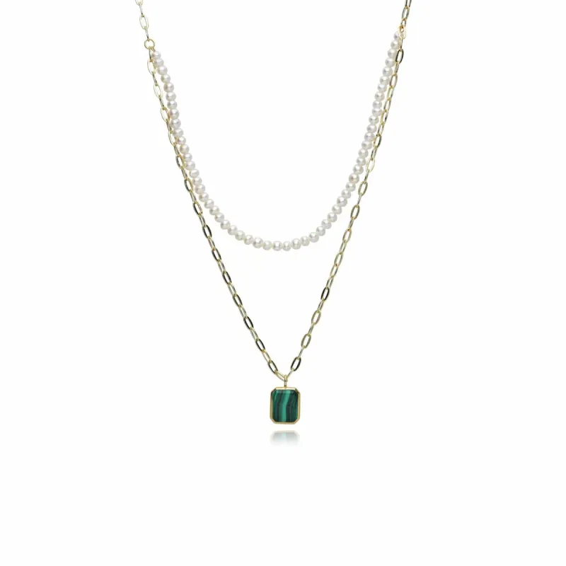 ECFEW™ Unifier Malachite & Pearl Layered Necklace in Gold Plated Sterling Silver sold by Gemondo Jewellery