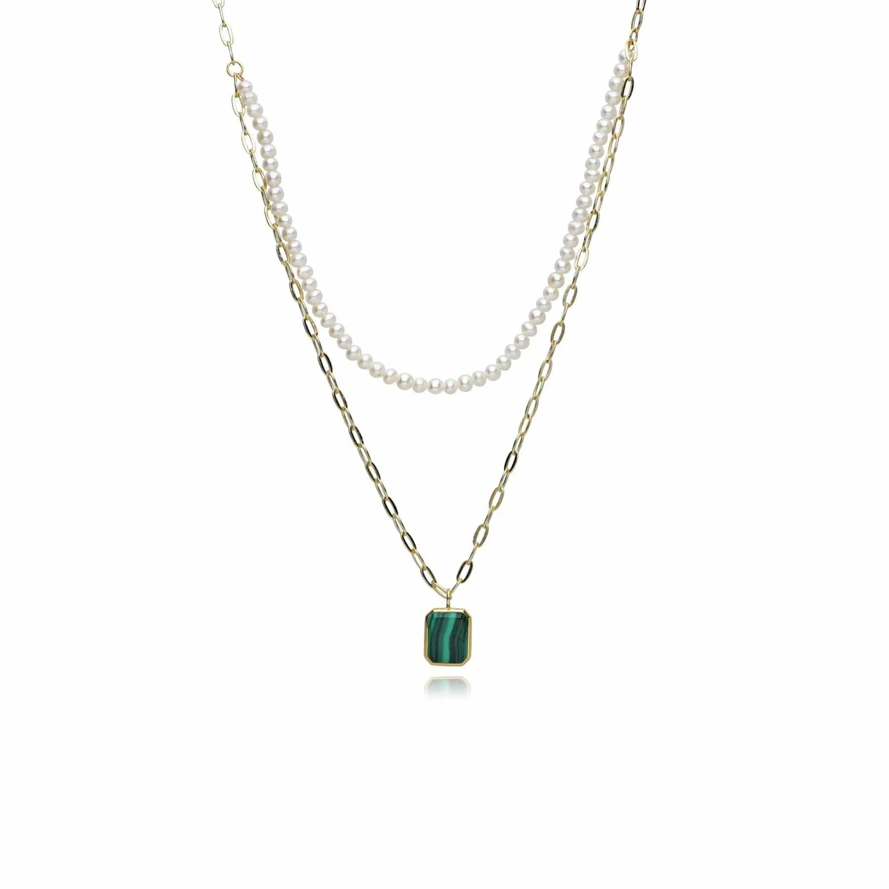 ECFEW™ Unifier Malachite & Pearl Layered Necklace in Gold Plated Sterling Silver sold by Gemondo Jewellery