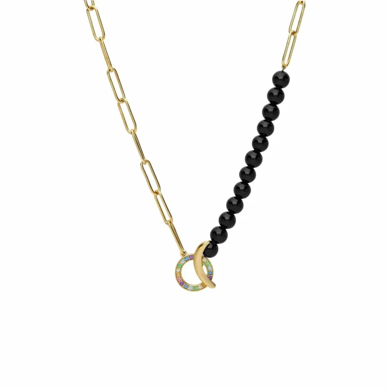 ECFEW™ Unifier Rainbow Gemstones & Onyx Bead Necklace in Gold Plated Sterling Silver sold by Gemondo Jewellery