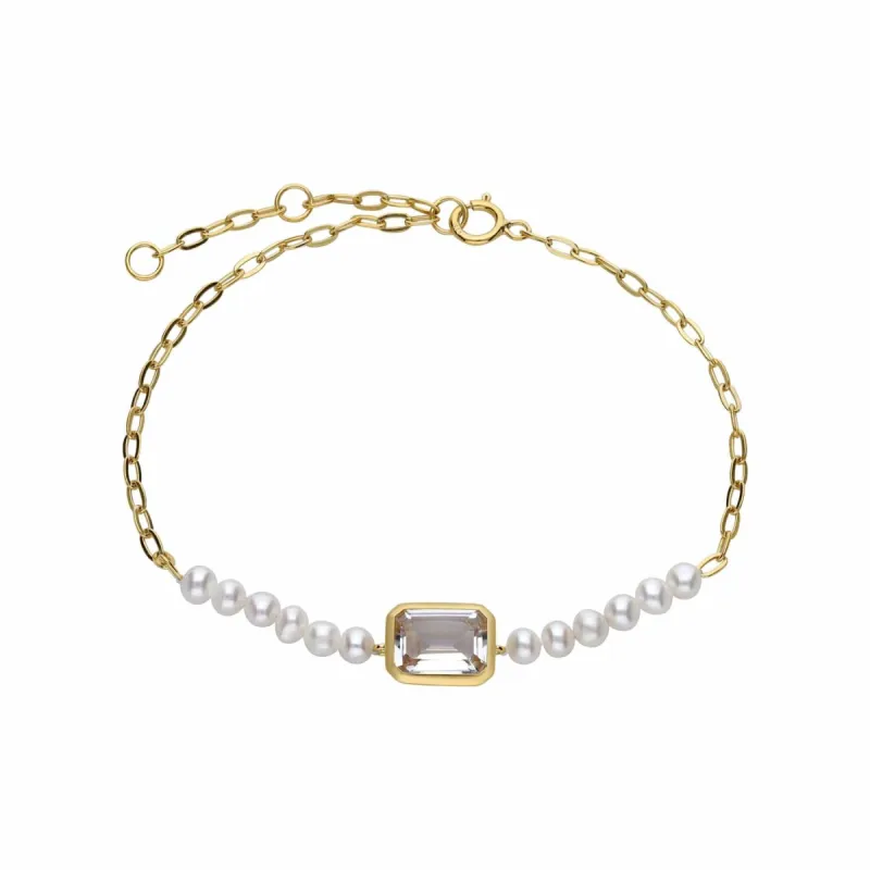 ECFEW™ Unifier White Topaz & Pearl Chain Bracelet In Gold Plated Sterling Silver made by Gemondo Jewellery