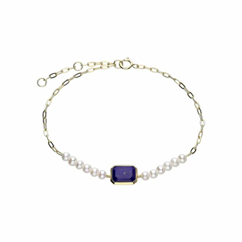 ECFEW™ Unifier Lapis Lazuli & Pearl Chain Link Bracelet In Gold Plated Sterling Silver sold by Gemondo Jewellery