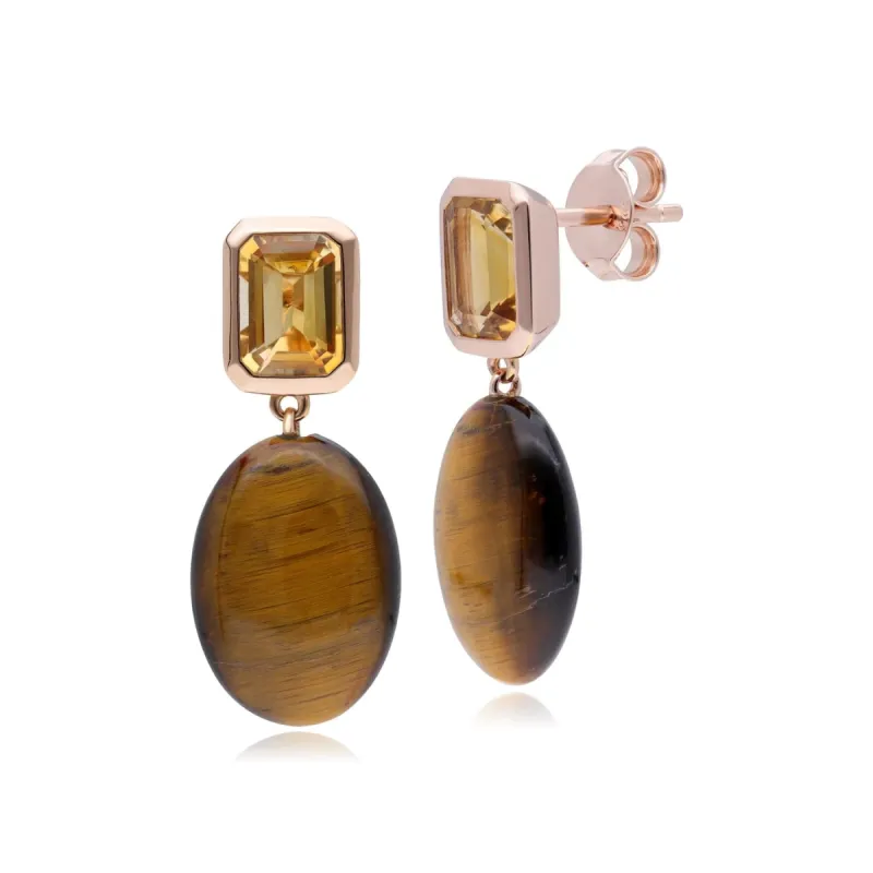 ECFEW™ Unifier Citrine & Tiger's Eye Drop Earrings In Rose Gold Plated Silver sold by Gemondo Jewellery