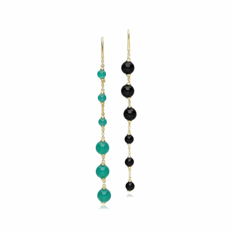ECFEW™ Unifier Dyed Green Chalcedony & Onyx Mismatched Dangle Drop Earrings in Gold Plated Sterling Silver sold by Gemondo Jewellery