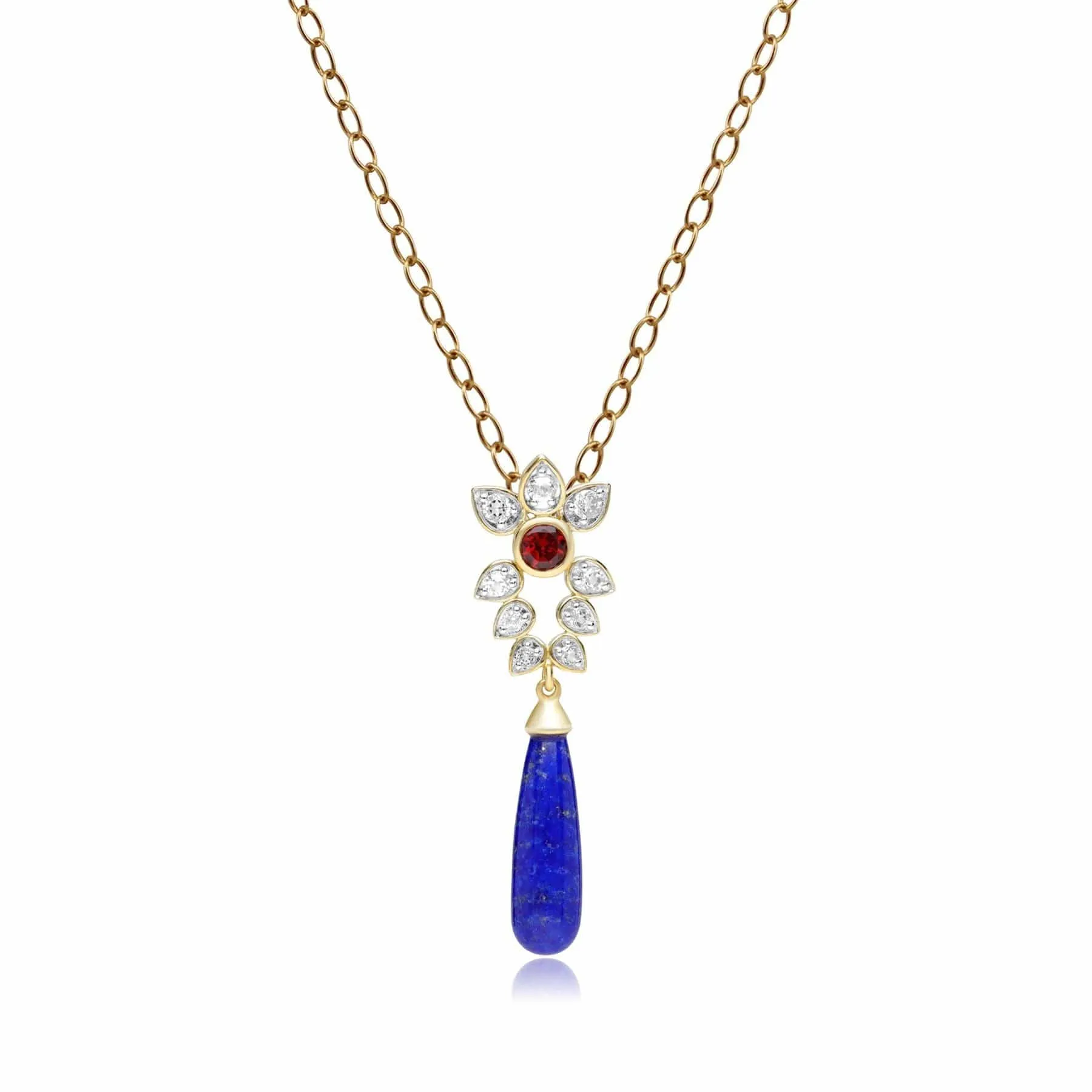 ECFEW™ Creator Lapis Lazuli, White Topaz & Garnet Floral Drop Pendant in Gold Plated Sterling Silver sold by Gemondo Jewellery