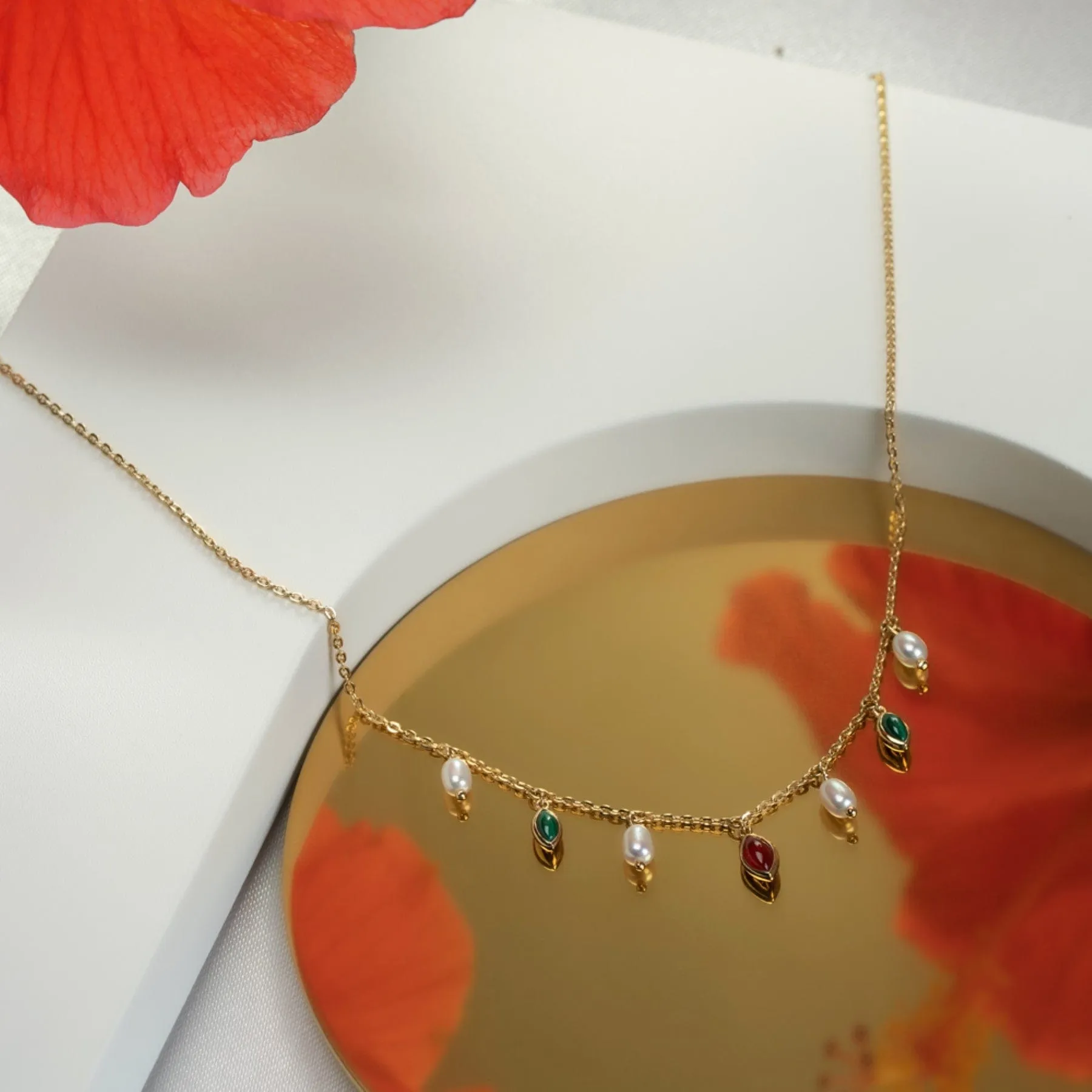 ECFEW™ Creator Dyed Carnelian, Malachite & Pearl Necklace In Gold Plated Sterling Silver sold by Gemondo Jewellery product image thumbnail 2