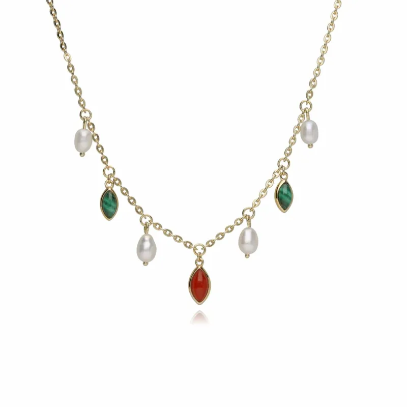 ECFEW™ Creator Dyed Carnelian, Malachite & Pearl Necklace In Gold Plated Sterling Silver sold by Gemondo Jewellery