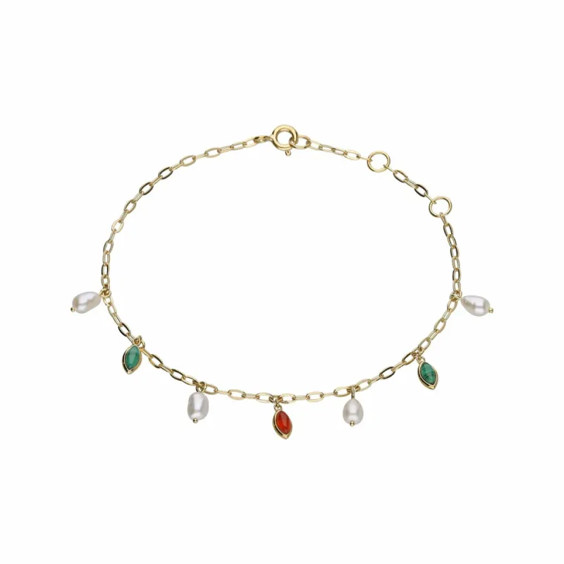 ECFEW™ Creator Dyed Carnelian, Malachite & Pearl Chain Bracelet In Gold Plated Sterling Silver sold by Gemondo Jewellery