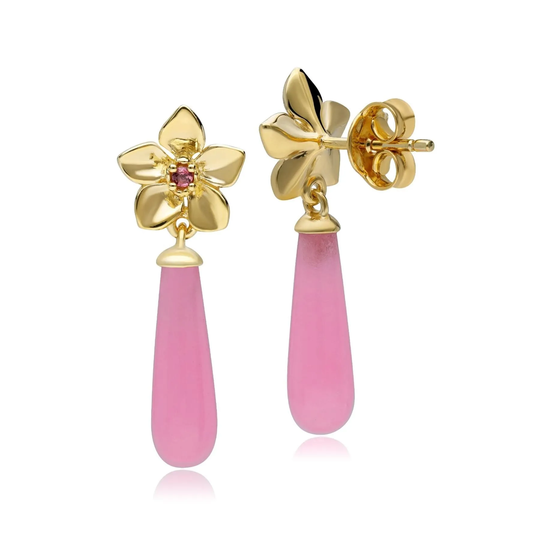 ECFEW™ Creator Dyed Pink Jadeite & Pink Tourmaline Floral Dangle Drop Earrings in Gold Plated Sterling Silver sold by Gemondo Jewellery product image thumbnail 2