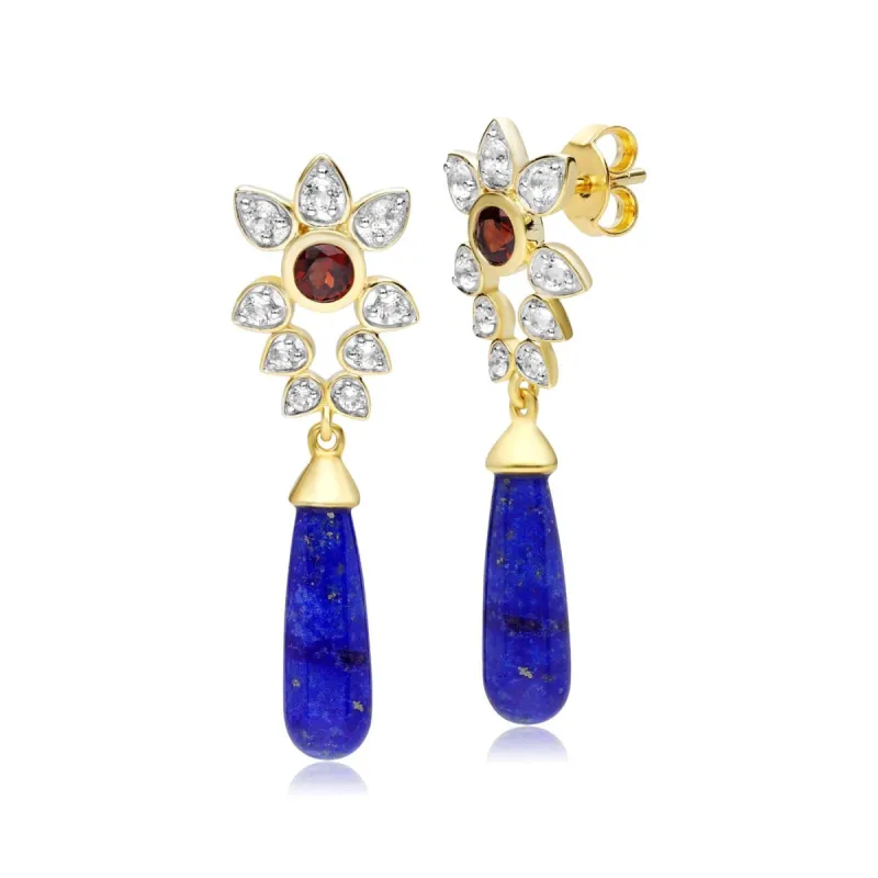 ECFEW™ Creator Lapis Lazuli, White Topaz & Garnet Floral Dangle Drop Earrings in Gold Plated Sterling Silver sold by Gemondo Jewellery
