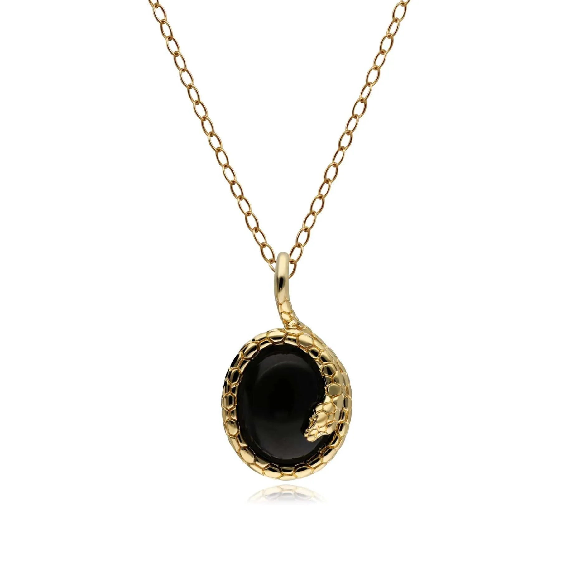 ECFEW™ Oval Onyx Winding Snake Pendant Necklace in Gold Plated Sterling Silver sold by Gemondo Jewellery