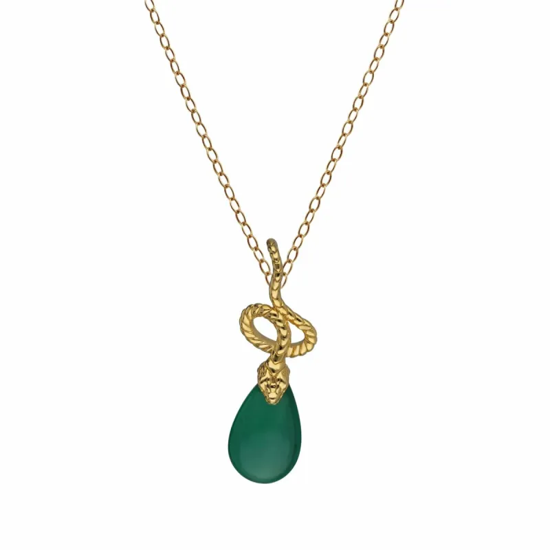 ECFEW™ Dyed Green Chalcedony Winding Snake Pendant in Gold Plated Sterling Silver sold by Gemondo Jewellery