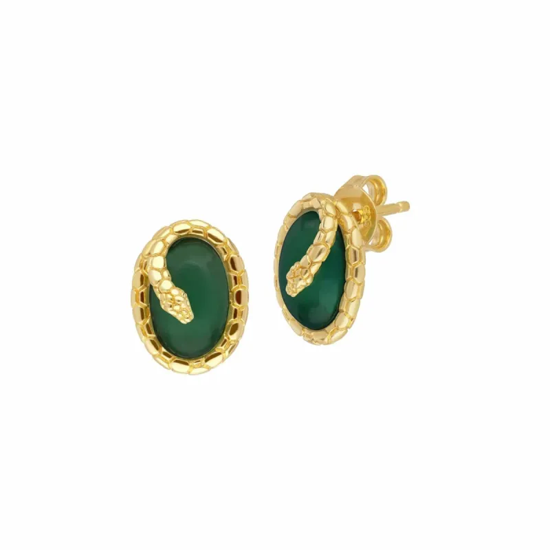 ECFEW™ Dyed Green Chalcedony Winding Snake Stud Earrings in Gold Plated Sterling Silver sold by Gemondo Jewellery