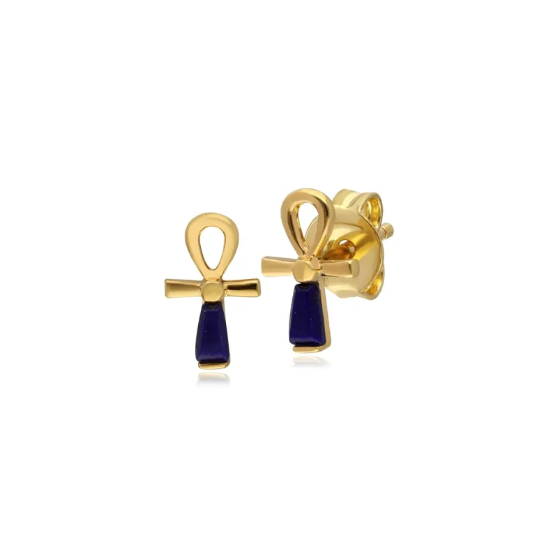 ECFEW™ Lapis Lazuli Ankh Stud Earrings In 9ct Yellow Gold sold by Gemondo Jewellery