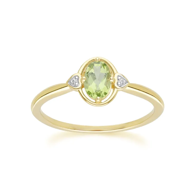 Classic Oval Peridot & Diamond Heart Ring In 9ct Yellow Gold sold by Gemondo Jewellery