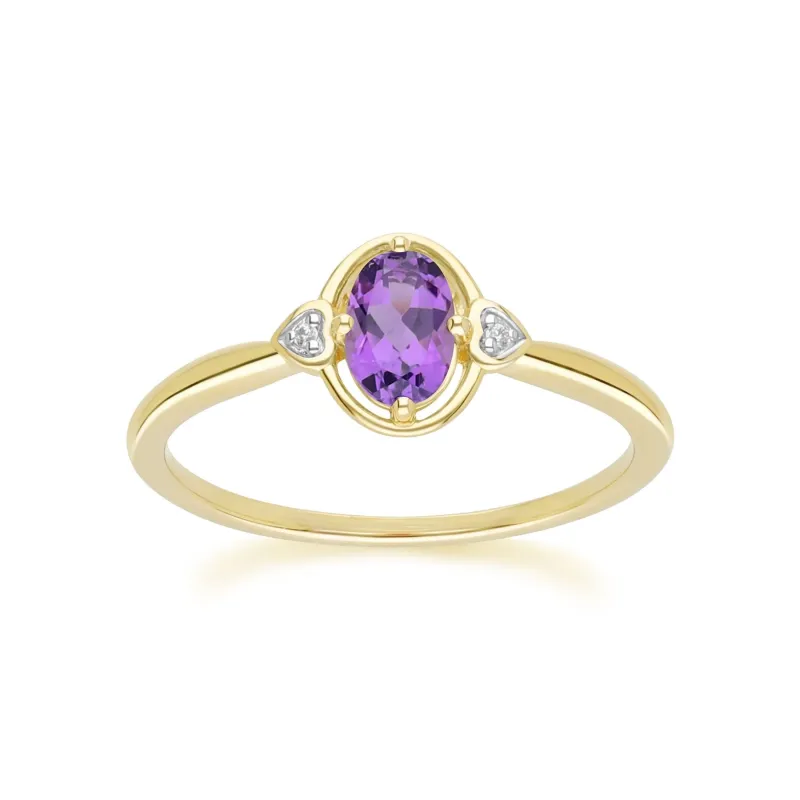 Classic Oval Amethyst & Diamond Heart Ring In 9ct Yellow Gold sold by Gemondo Jewellery