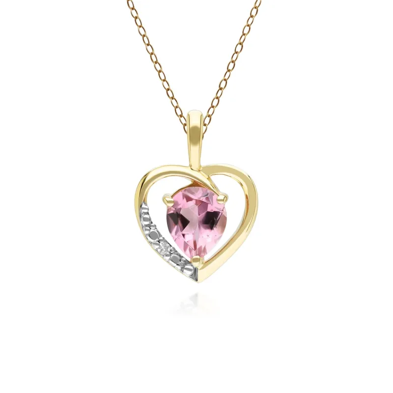 Classic Pear Pink Tourmaline & Diamond Heart Pendant Necklace In 9ct Yellow Gold sold by Gemondo Jewellery