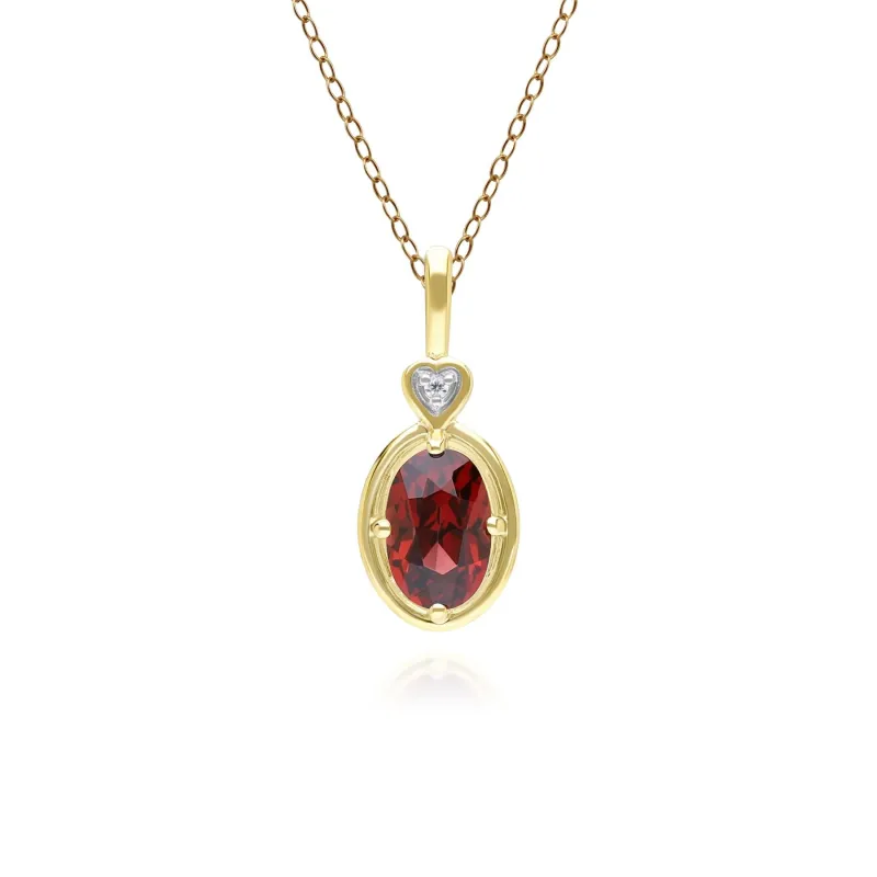 Classic Oval Garnet & Diamond Heart Pendant Necklace In 9ct Yellow Gold sold by Gemondo Jewellery