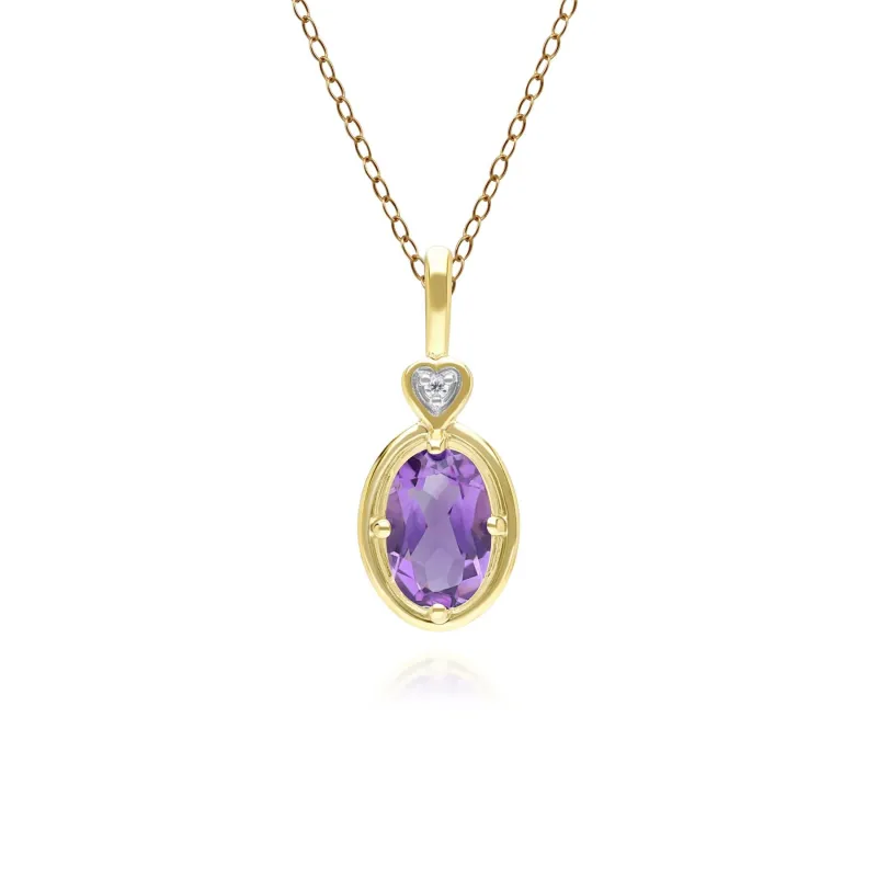 Classic Oval Amethyst & Diamond Heart Pendant Necklace In 9ct Yellow Gold sold by Gemondo Jewellery