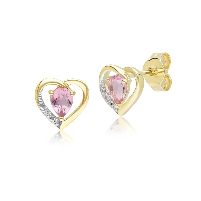 Classic Pear Pink Tourmaline & Diamond Heart Stud Earrings In 9ct Yellow Gold sold by Gemondo Jewellery