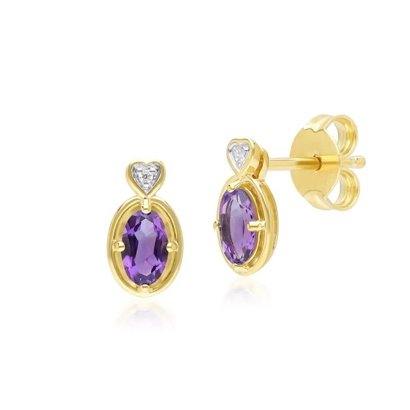Classic Oval Amethyst & Diamond Heart Stud Earrings In 9ct Yellow Gold sold by Gemondo Jewellery