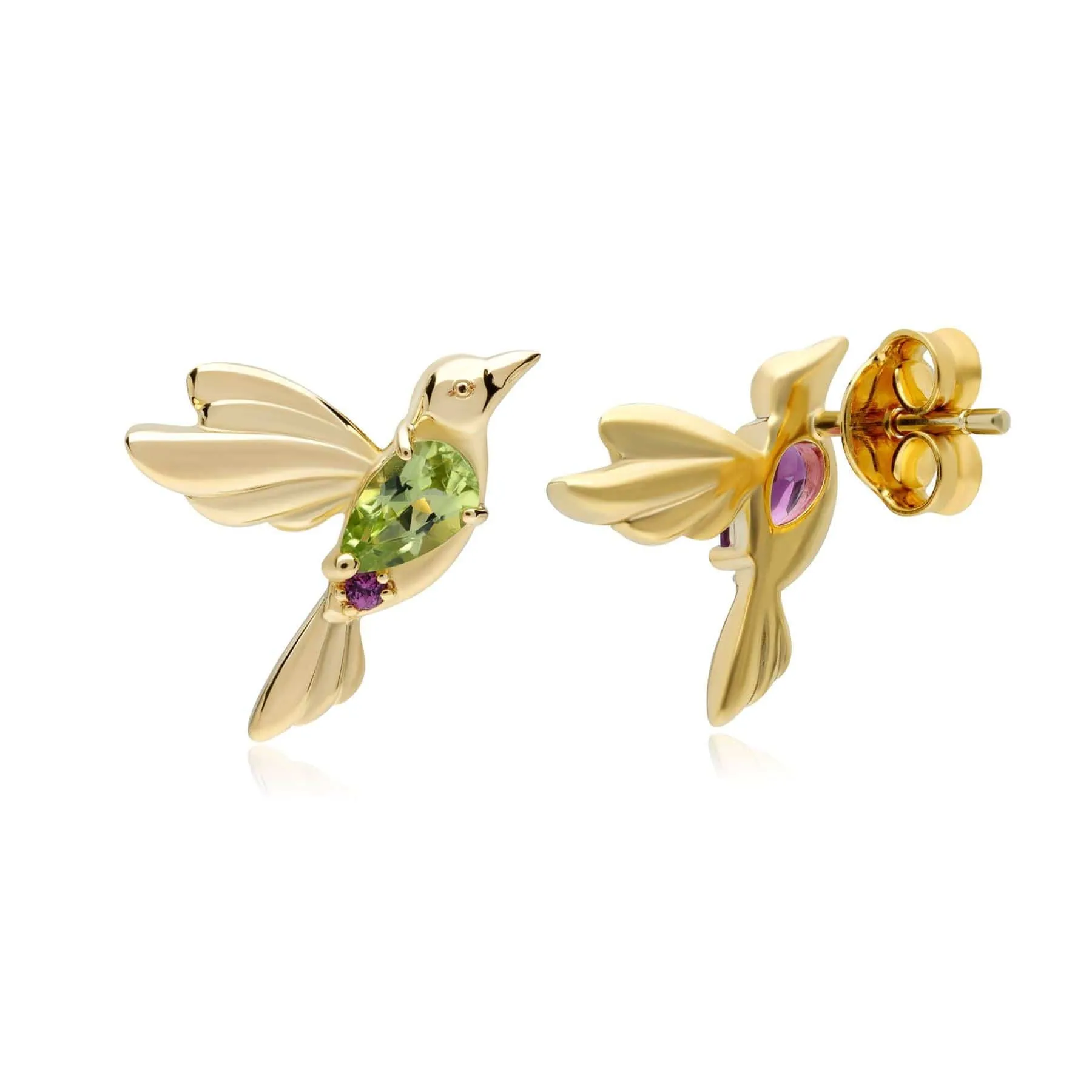 ECFEW™ Creator Mismatched Peridot & Rhodolite Hummingbird Stud Earrings in Gold Plated Sterling Silver sold by Gemondo Jewellery product image thumbnail 2