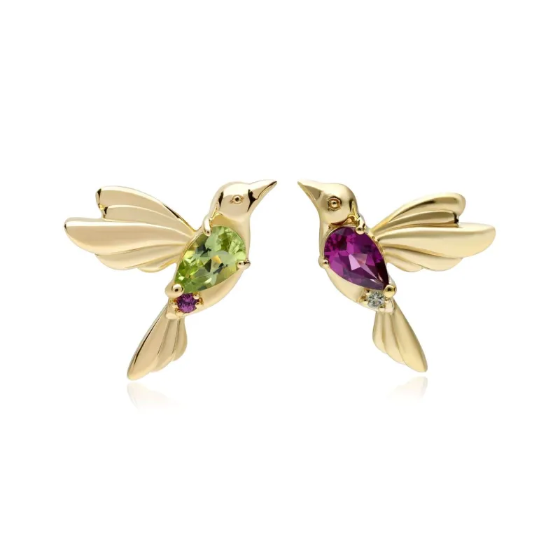 ECFEW™ Creator Mismatched Peridot & Rhodolite Hummingbird Stud Earrings in Gold Plated Sterling Silver sold by Gemondo Jewellery