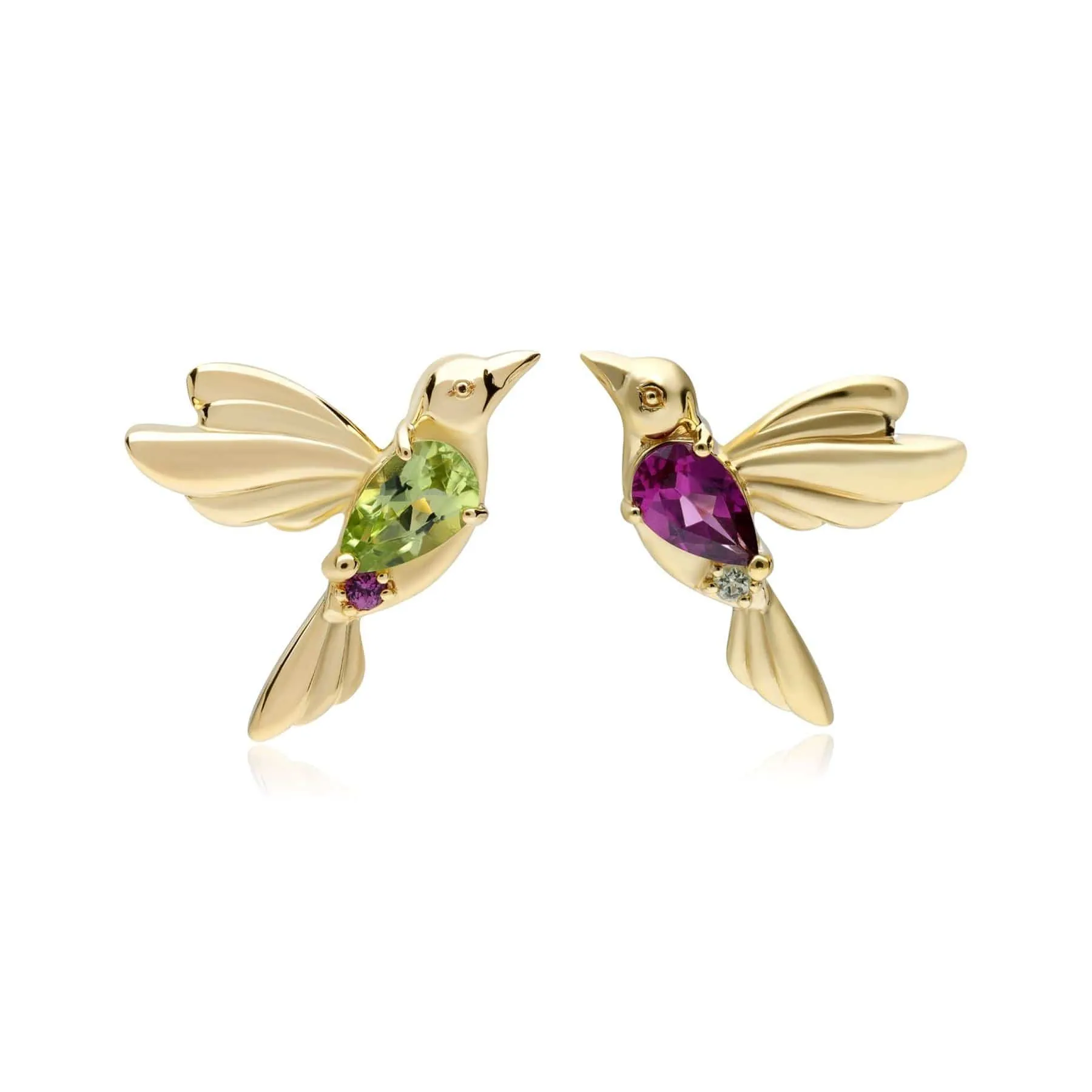 ECFEW™ Creator Mismatched Peridot & Rhodolite Hummingbird Stud Earrings in Gold Plated Sterling Silver sold by Gemondo Jewellery