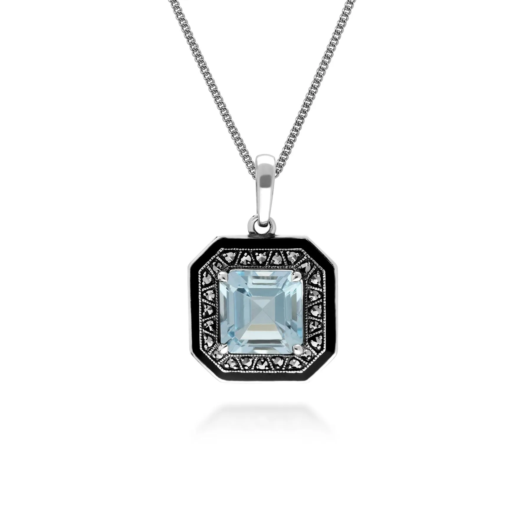 Art Deco Inspired Square Cut Blue Topaz & Marcasite Pendant sold by Gemondo Jewellery
