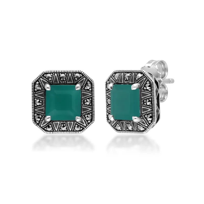 Art Deco Inspired Square Cut Chalcedony & Marcasite Stud Earrings sold by Gemondo Jewellery