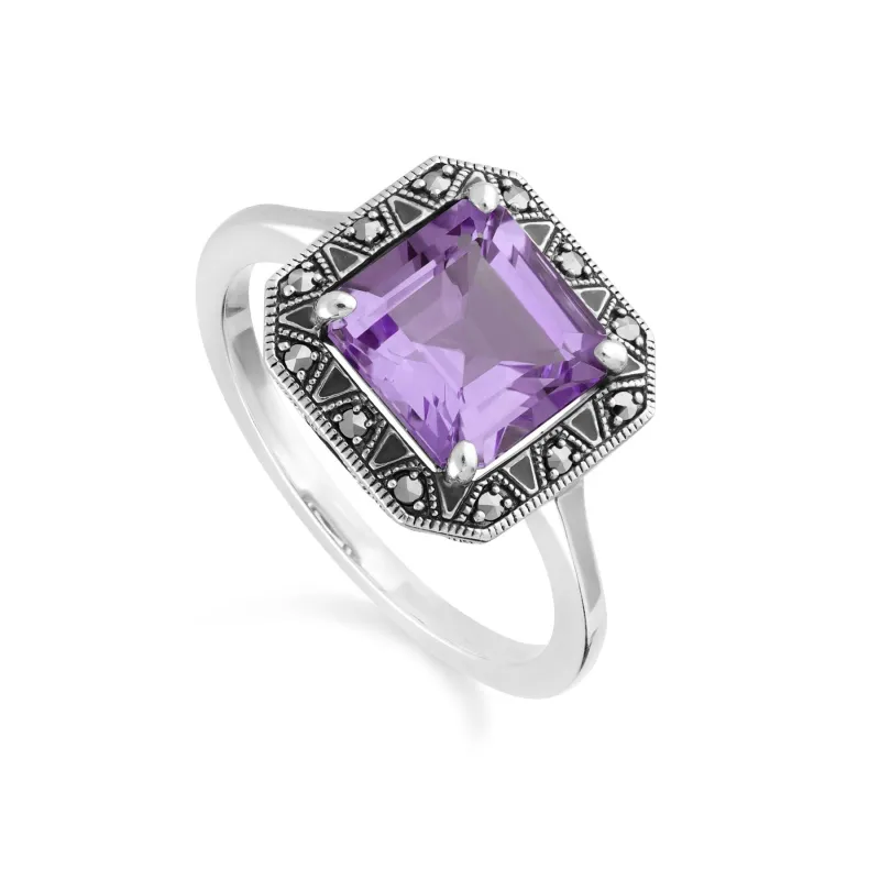 Art Deco Inspired Square Cut Amethyst & Marcasite Ring sold by Gemondo Jewellery