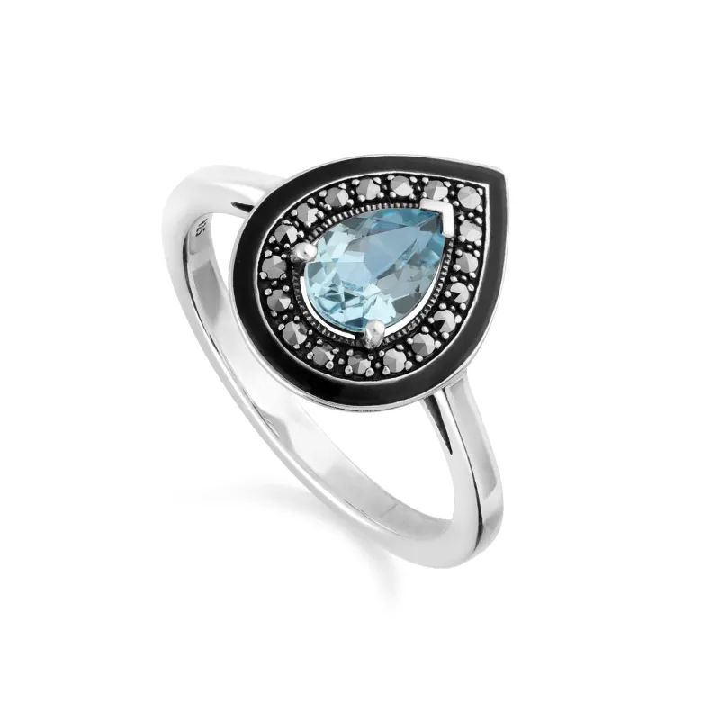 Art Deco Inspired Pear Cut Blue Topaz & Marcasite Ring sold by Gemondo Jewellery