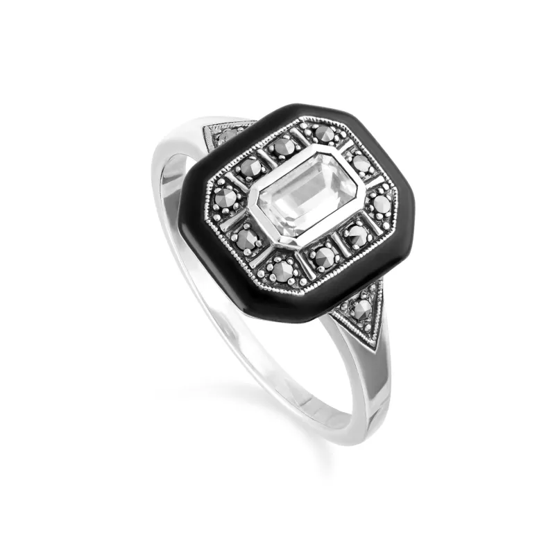 Art Deco Inspired White Topaz, Enamel & Marcasite Square Ring sold by Gemondo Jewellery
