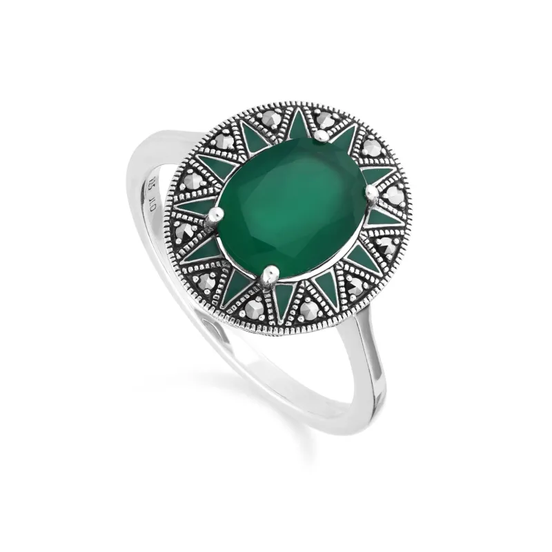 Art Deco Inspired Oval Chalcedony & Marcasite Ring sold by Gemondo Jewellery