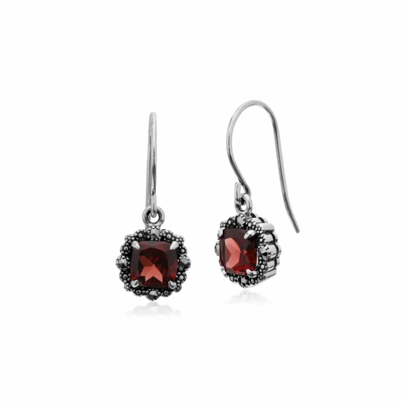 Art Deco Style Square Cushion Garnet & Marcasite Drop Earrings in 925 Sterling Silver sold by Gemondo Jewellery