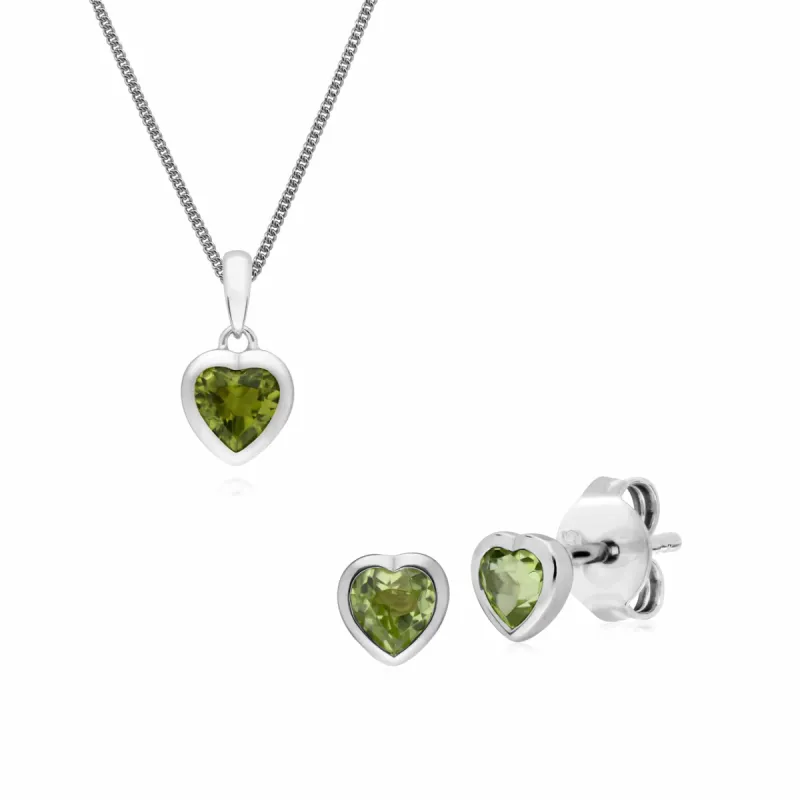 Classic Heart Peridot Stud Earrings & Pendant Set in 925 Sterling Silver sold by Gemondo Jewellery