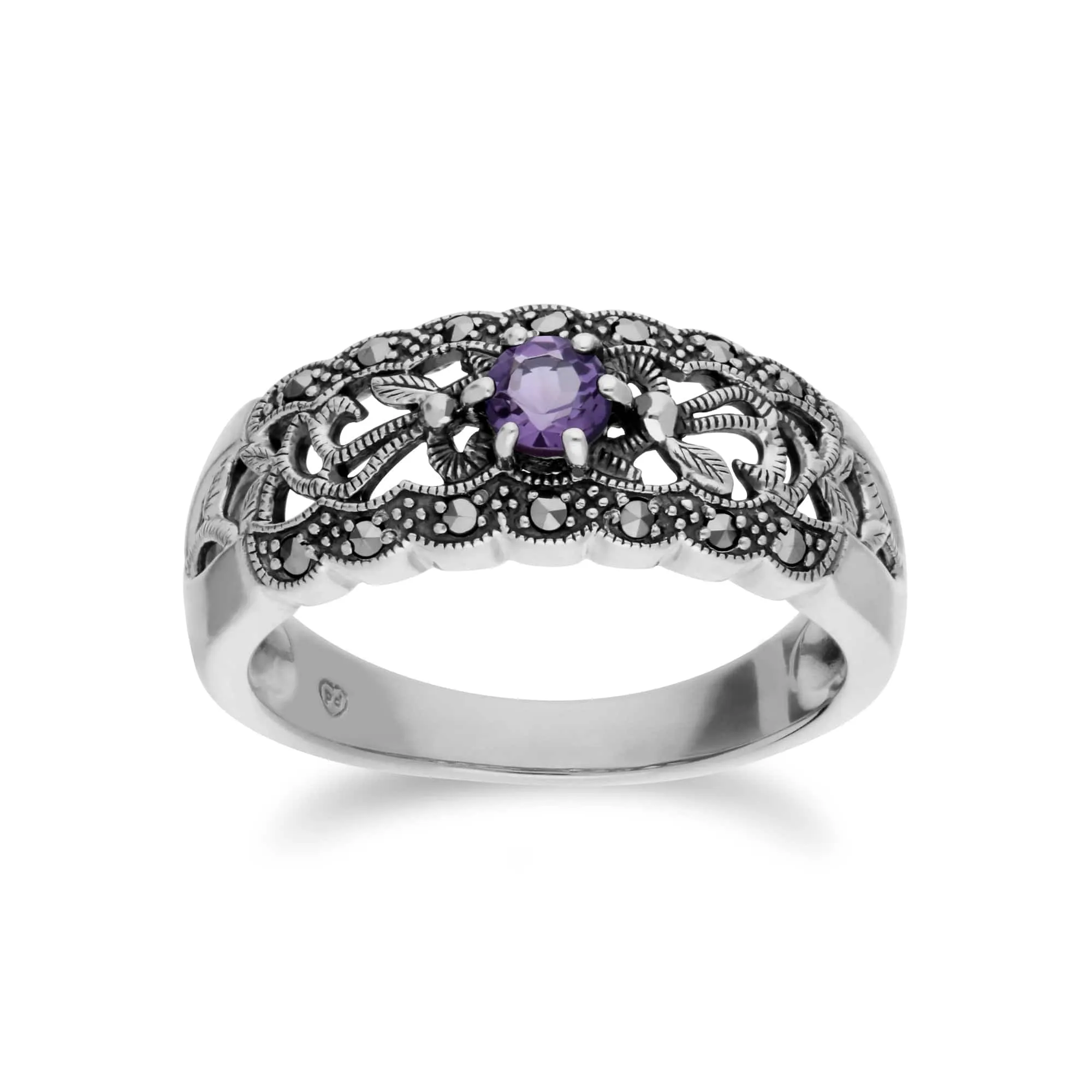 Art Nouveau Style Round Amethyst & Marcasite Floral Band Ring in 925 Sterling Silver sold by Gemondo Jewellery