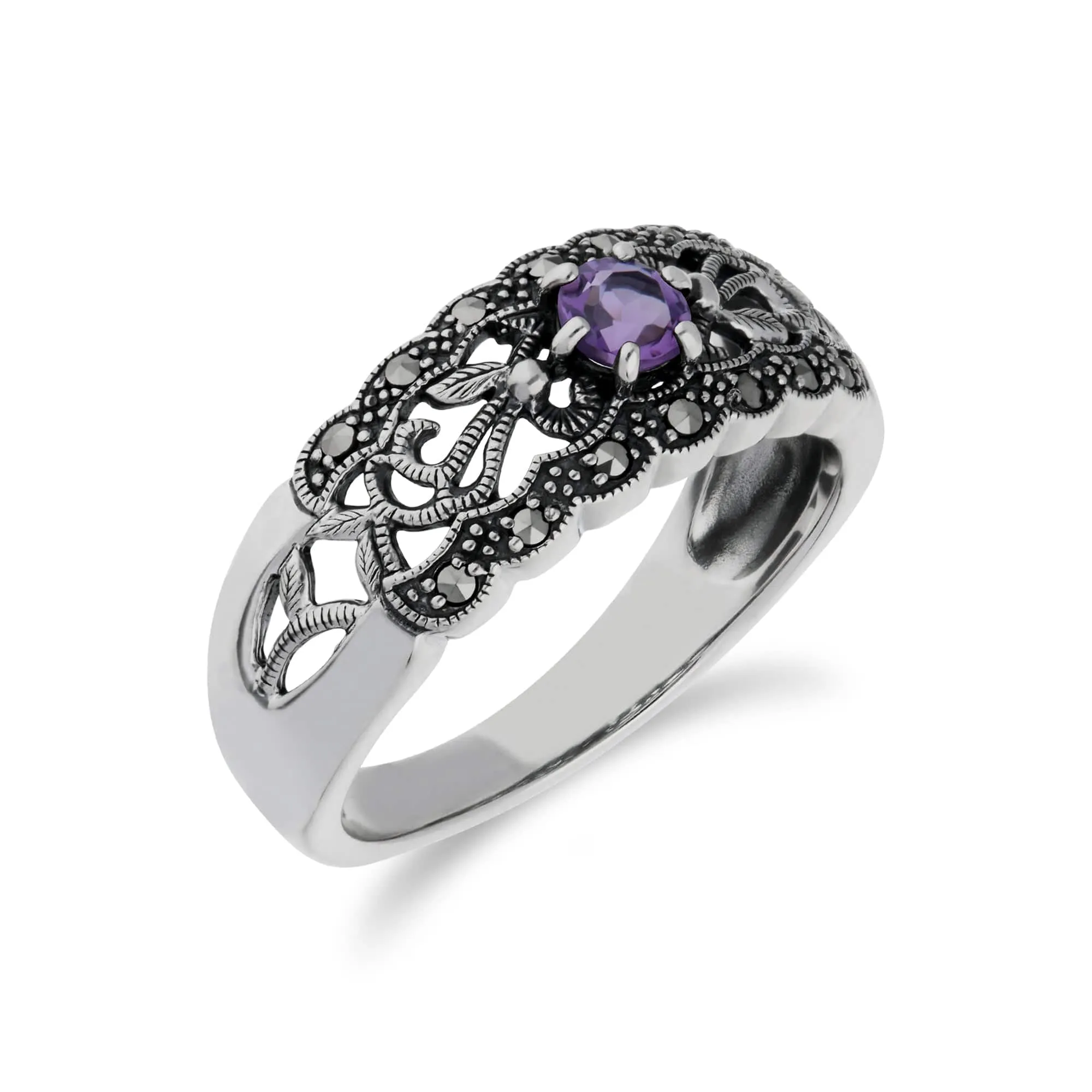 Art Nouveau Style Round Amethyst & Marcasite Floral Band Ring in 925 Sterling Silver sold by Gemondo Jewellery product image thumbnail 2