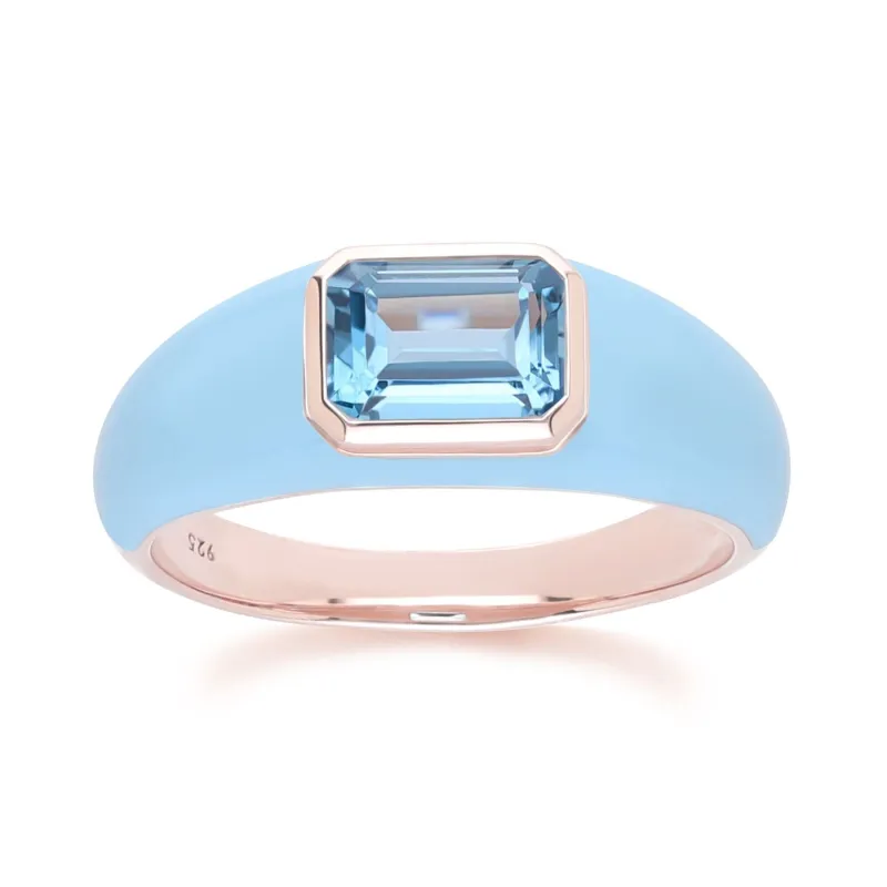 Siberian Waltz Blue Enamel & Octagon Sky Blue Topaz Ring In Rose Gold Vermeil sold by Gemondo Jewellery