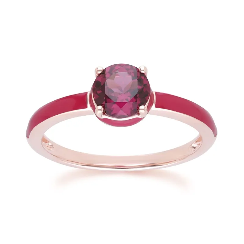Siberian Waltz Pink Enamel & Round Rhodolite Ring In Rose Gold Vermeil sold by Gemondo Jewellery