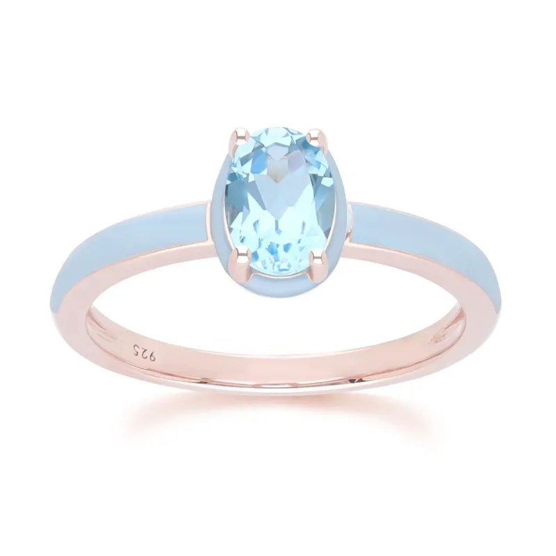 Siberian Waltz Blue Enamel & Oval Sky Blue Topaz Ring In Rose Gold Vermeil sold by Gemondo Jewellery