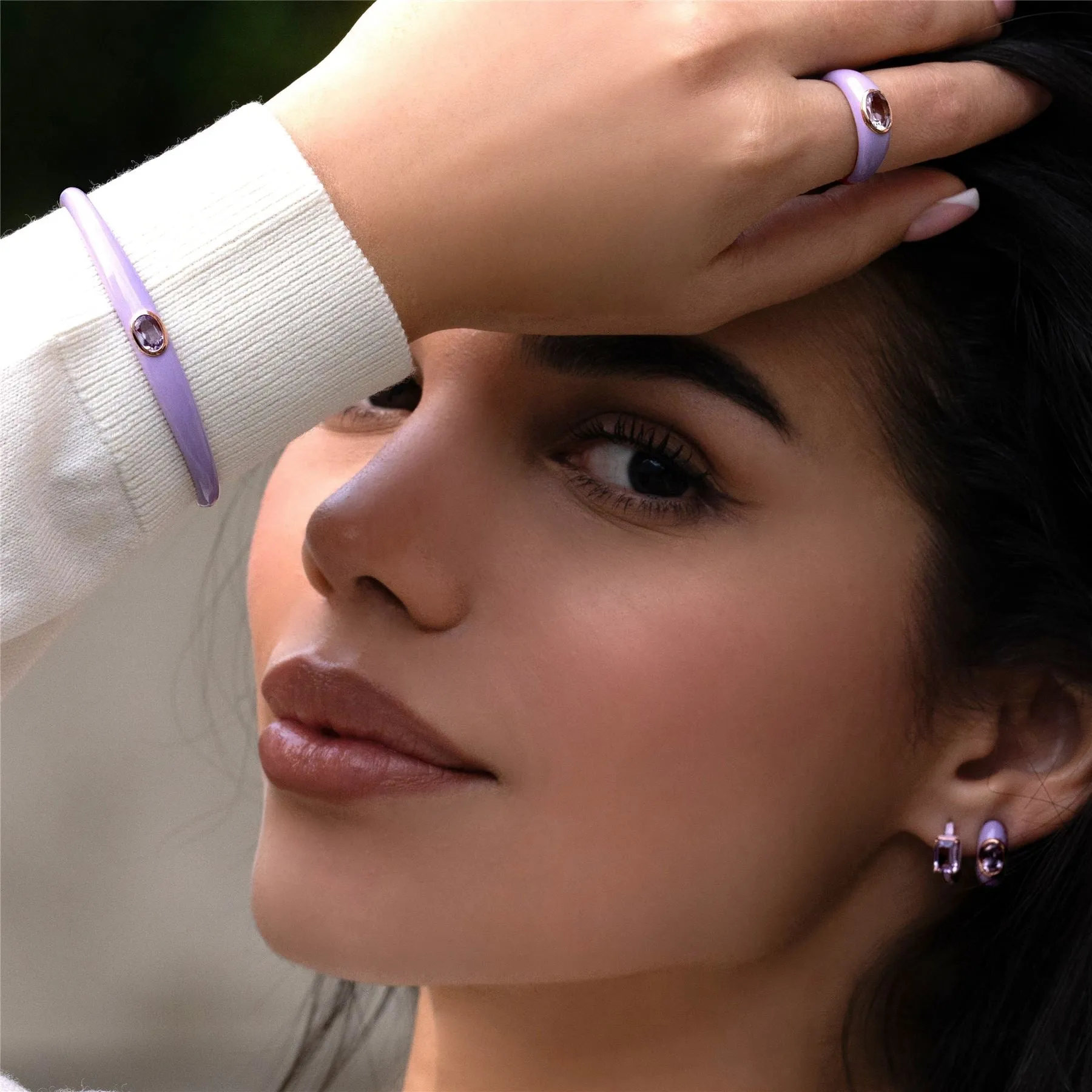 Siberian Waltz Violet Enamel & Octagon Amethyst Half Hoop Earrings In Rose Gold Vermeil sold by Gemondo Jewellery product image thumbnail 2