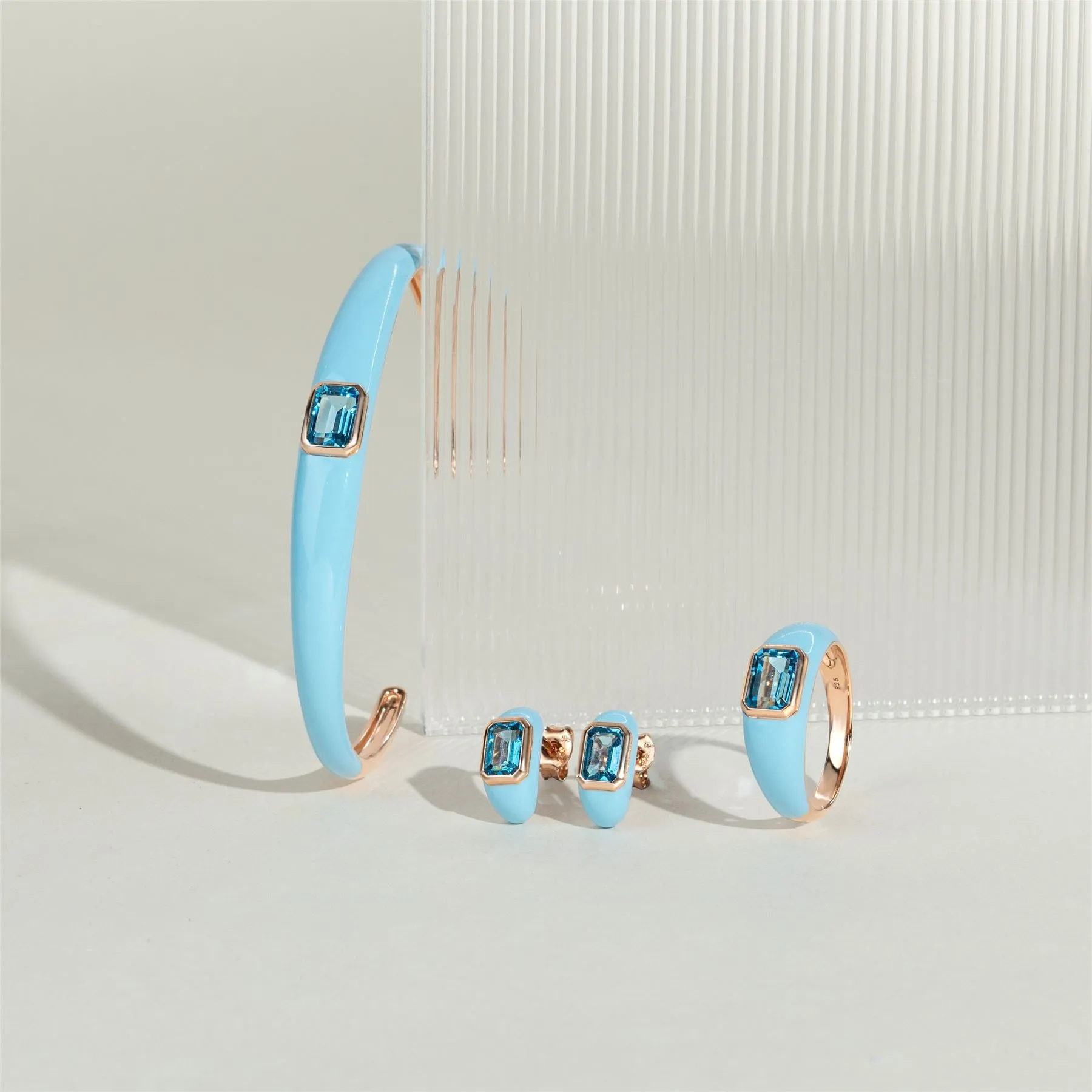 Siberian Waltz Blue Enamel & Octagon Sky Blue Topaz Half Hoop Earrings In Rose Gold Vermeil sold by Gemondo Jewellery product image thumbnail 5