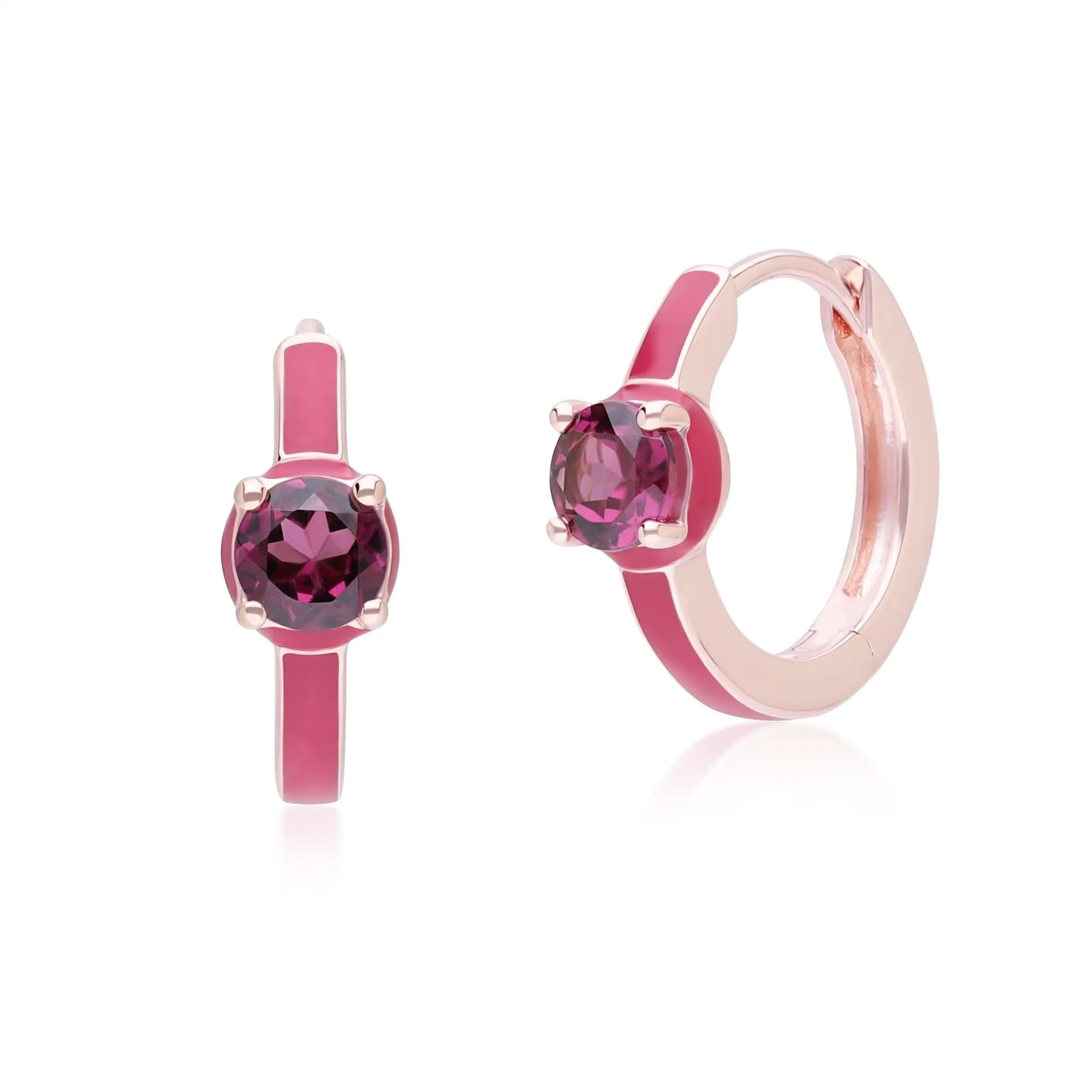 Siberian Waltz Pink Enamel & Round Rhodolite Hoop Earrings In Rose Gold Vermeil sold by Gemondo Jewellery