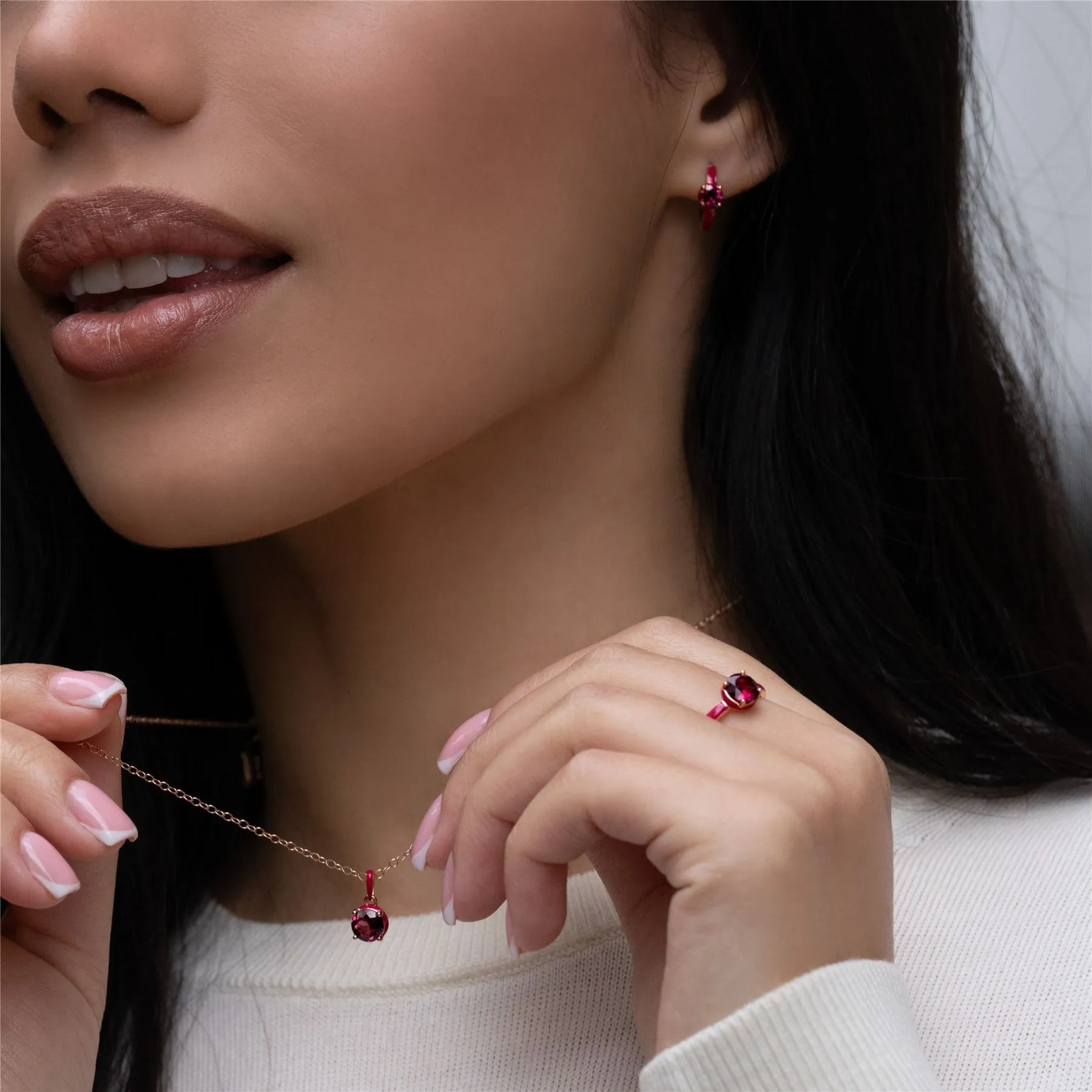 Siberian Waltz Pink Enamel & Round Rhodolite Hoop Earrings In Rose Gold Vermeil sold by Gemondo Jewellery product image thumbnail 2